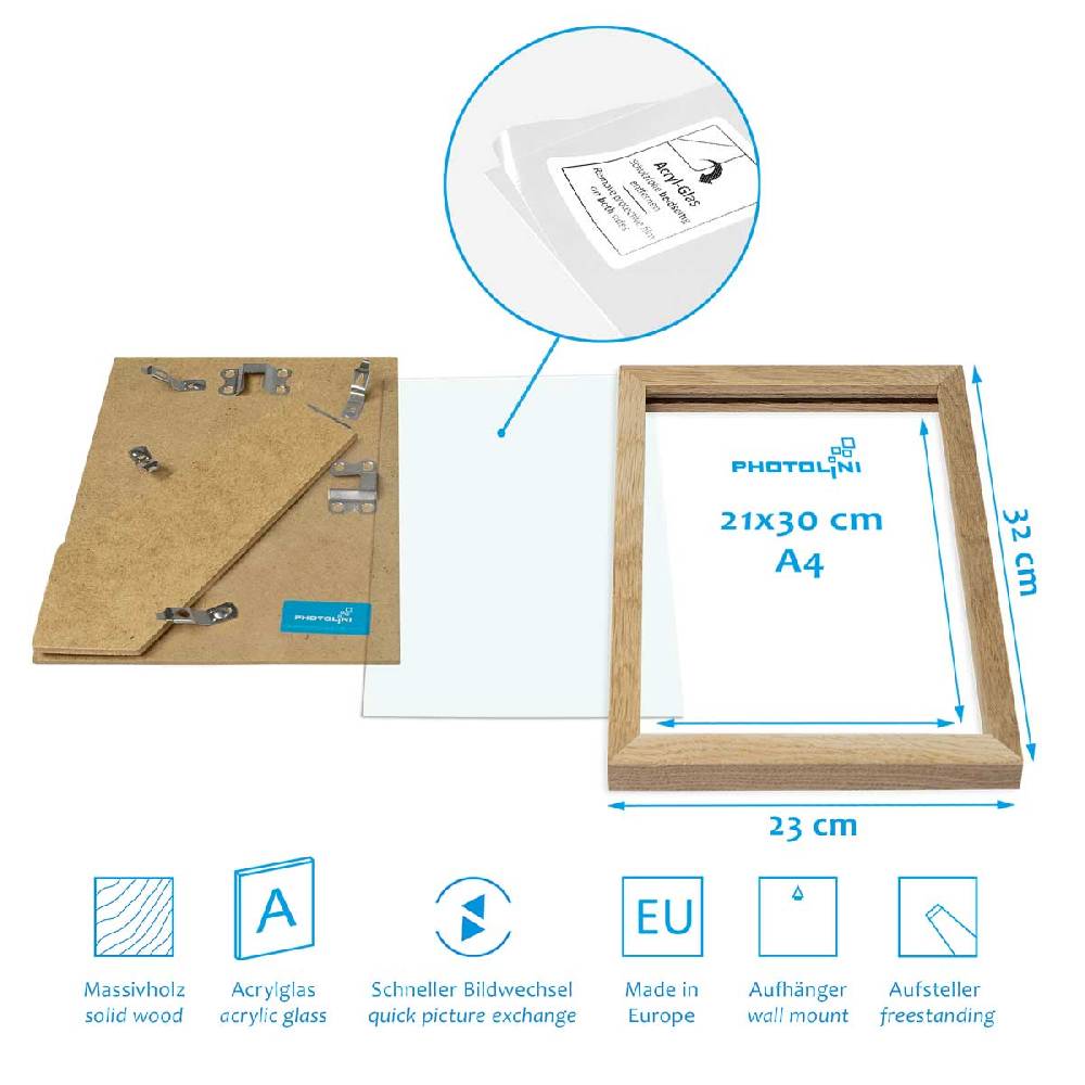 Photolini 4er Bilderrahmen-Set Eiche Massivholz Schmal 21x30 cm / DIN A4 mit Acrylglasscheibe Sonderangebot