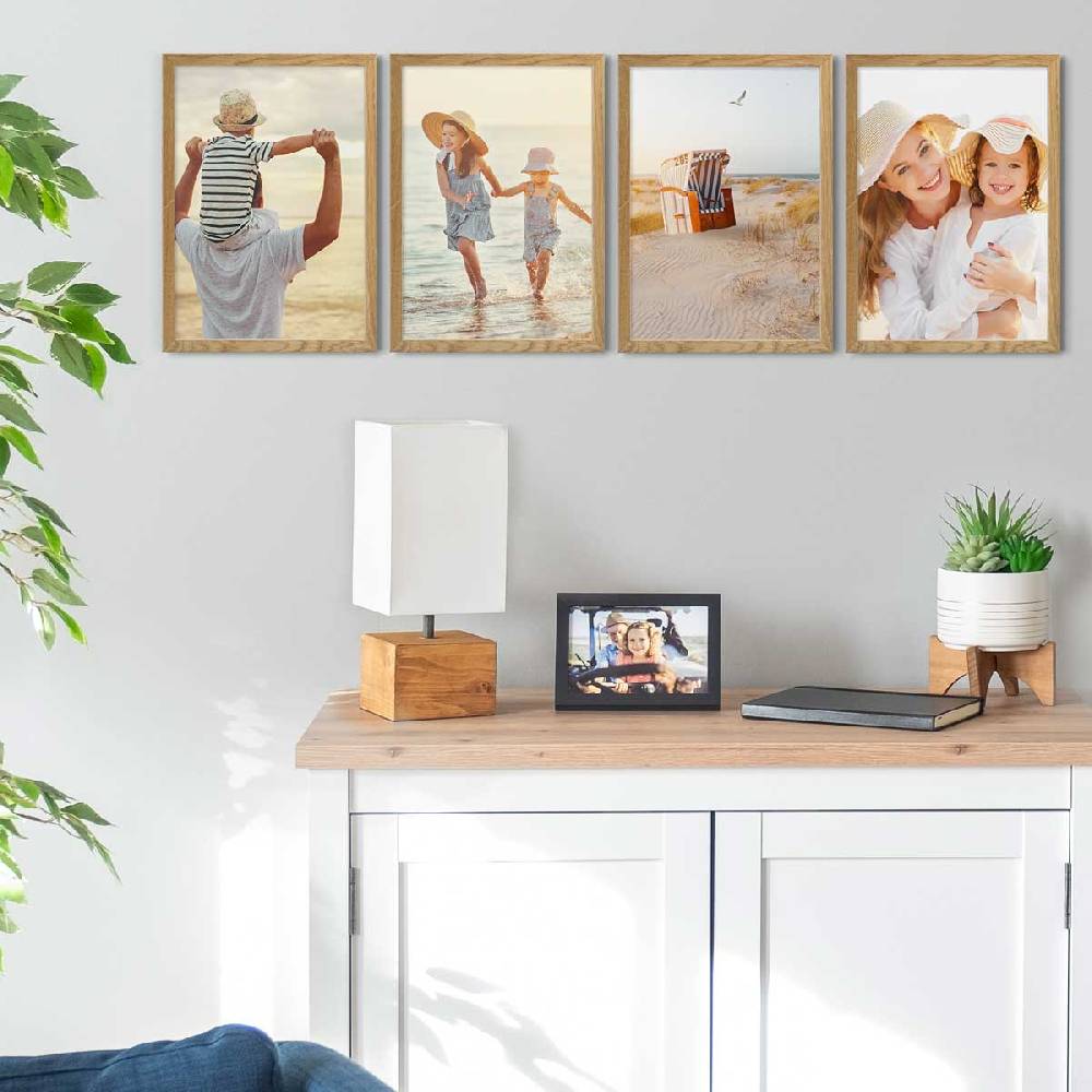Photolini 4er Bilderrahmen-Set Eiche Massivholz Schmal 21x30 cm / DIN A4 mit Acrylglasscheibe Sonderangebot