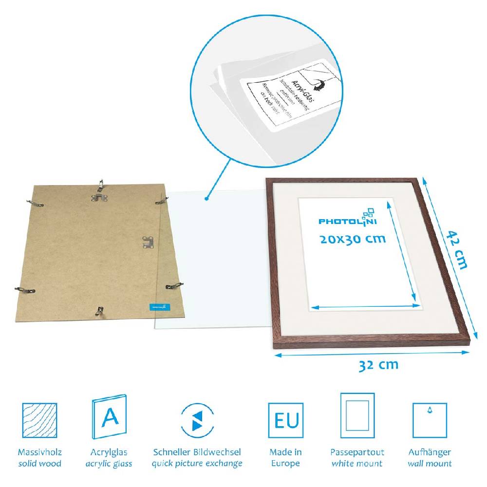 Photolini 6er Bilderrahmen-Set Eiche Dunkel 30x40 cm mit Passepartout Massivholz mit Acrylglasscheibe Rabatt