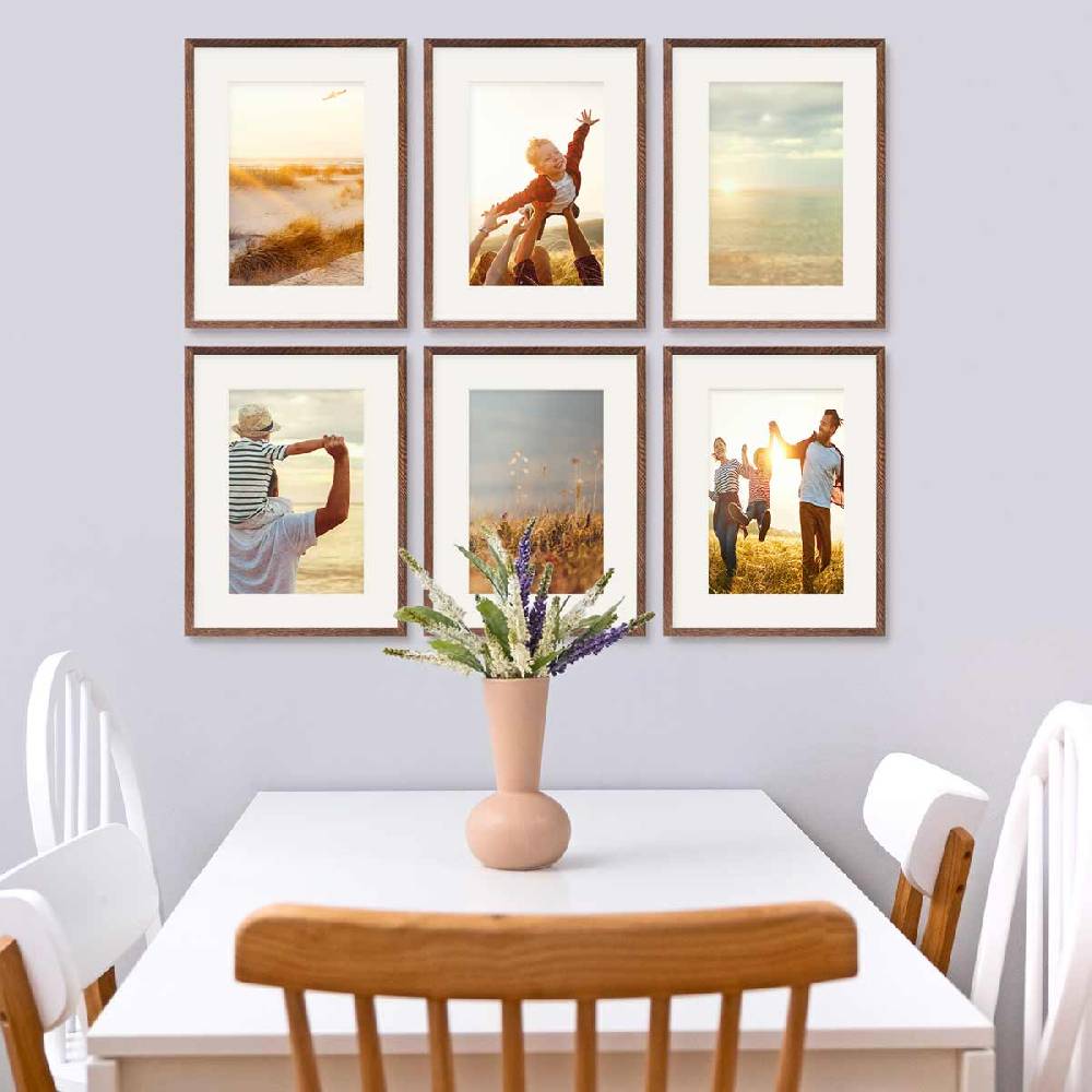 Photolini 6er Bilderrahmen-Set Eiche Dunkel 30x40 cm mit Passepartout Massivholz mit Acrylglasscheibe Rabatt