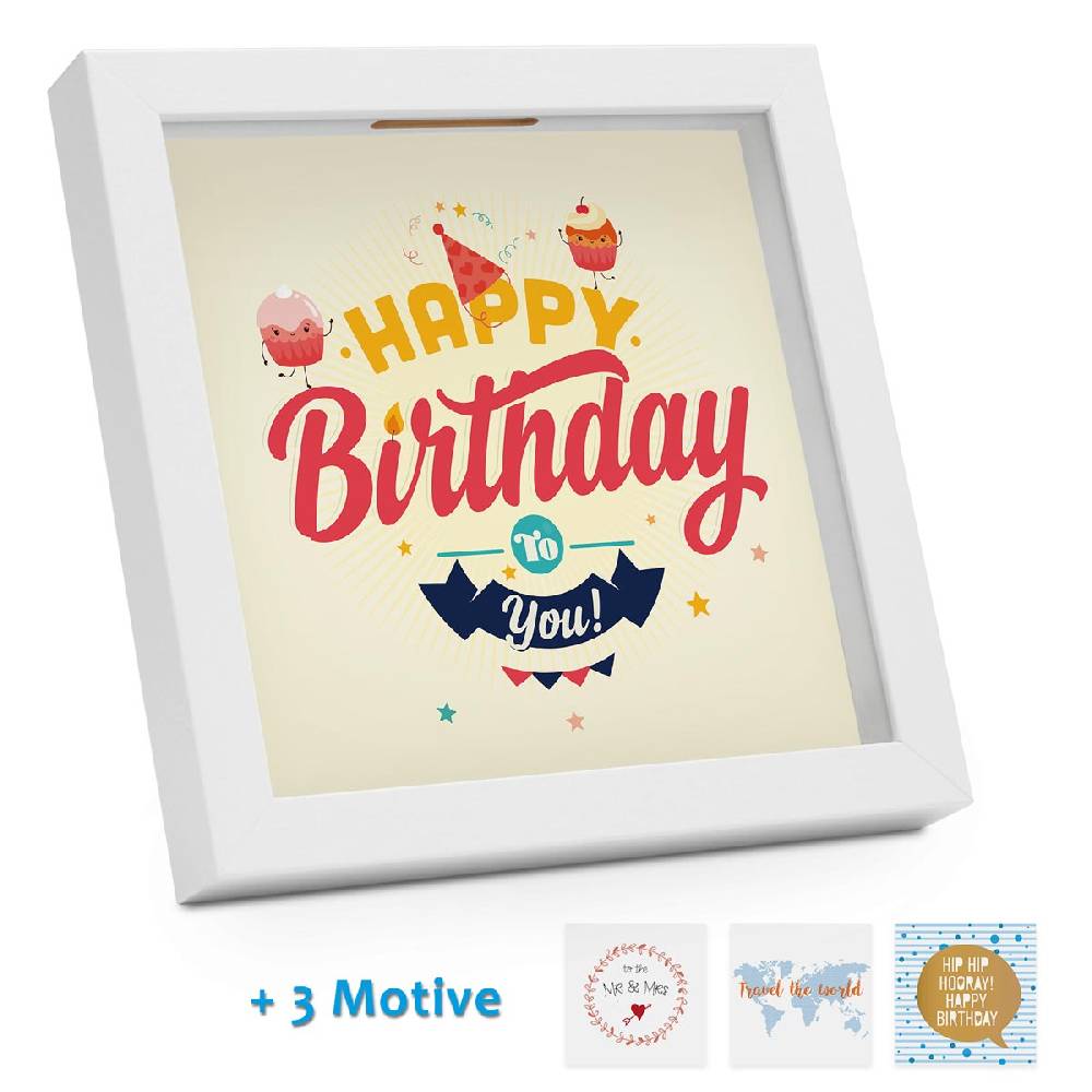 Photolini Bilderrahmen-Spardose Geburtstag Geldgeschenk Weiß Vier Motive Exklusivangebot