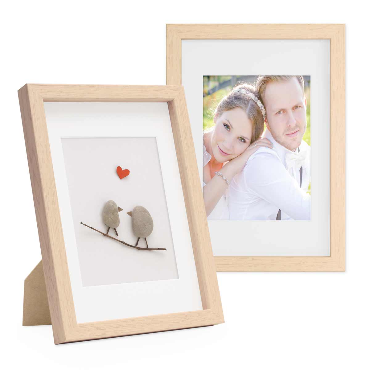 Photolini 2er Set 3D-Bilderrahmen 21x30 cm / A4 mit Passepartout, Natur