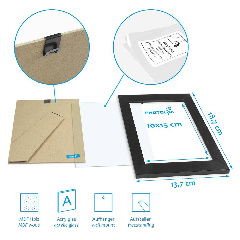 Photolini 10er Bilderrahmen-Set 10x15 cm Modern Schwarz MDF Basic Collection | Acrylglas Blitzangebot