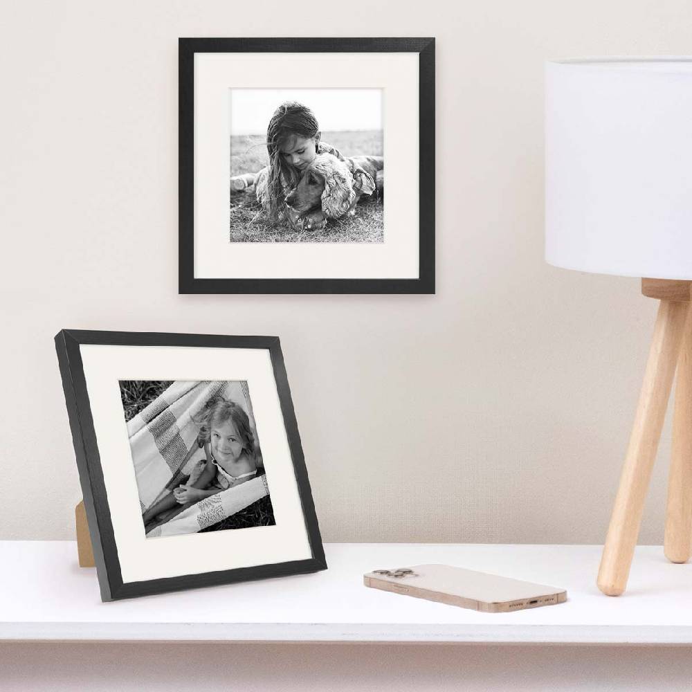Photolini Bilderrahmen Holz, Schwarz 20x20 cm mit Passepartout 14x14 cm