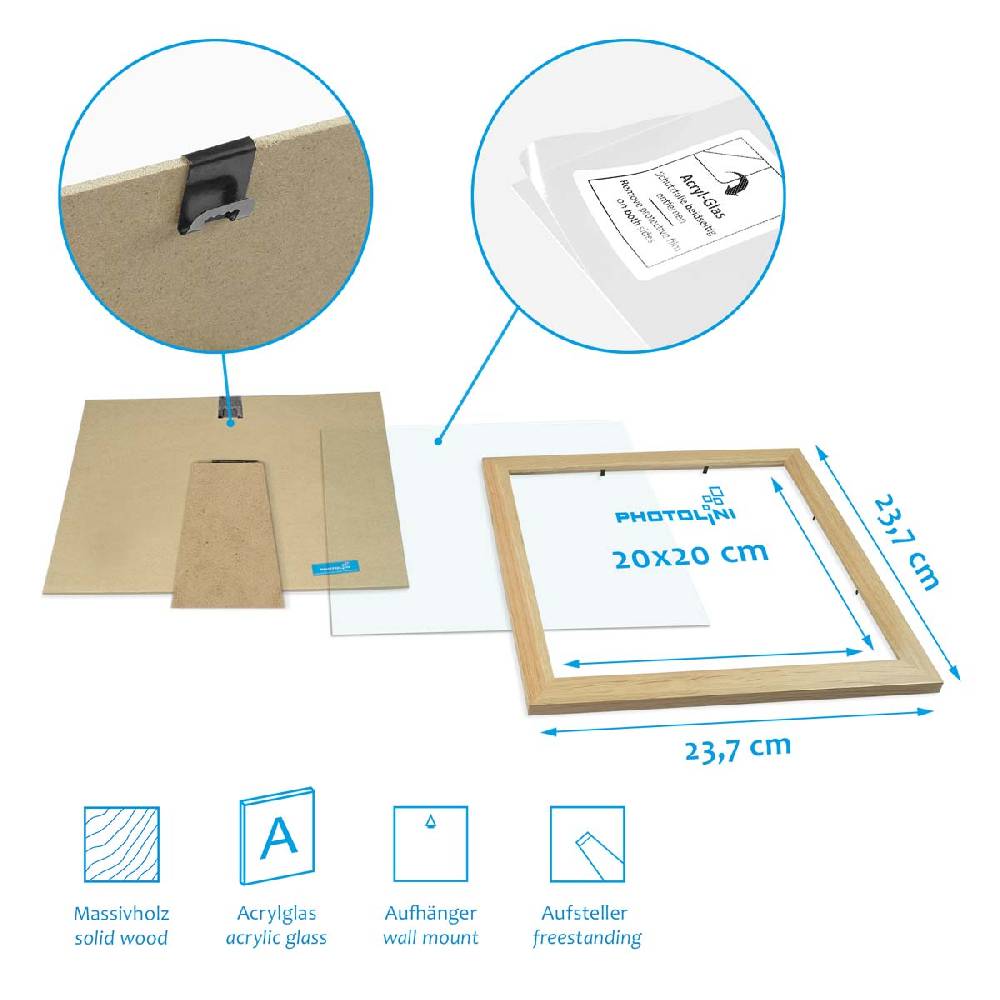 Photolini 3er Bilderrahmen-Set breit 20x20 cm Eiche Massivholz | Acrylglas Super Sparpreis