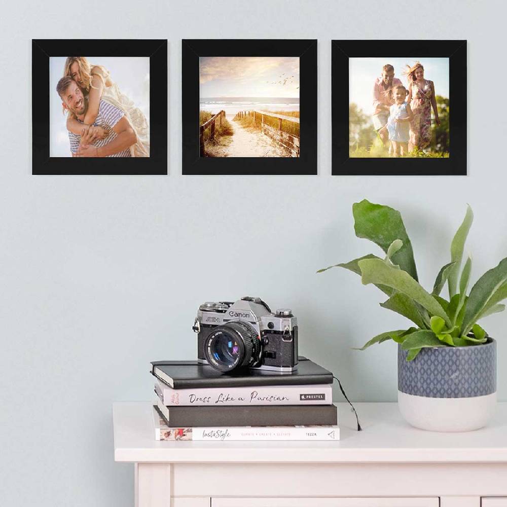 Photolini 3er Bilderrahmen-Set breit 15x15 cm Schwarz, MDF-Holz | Acrylglas