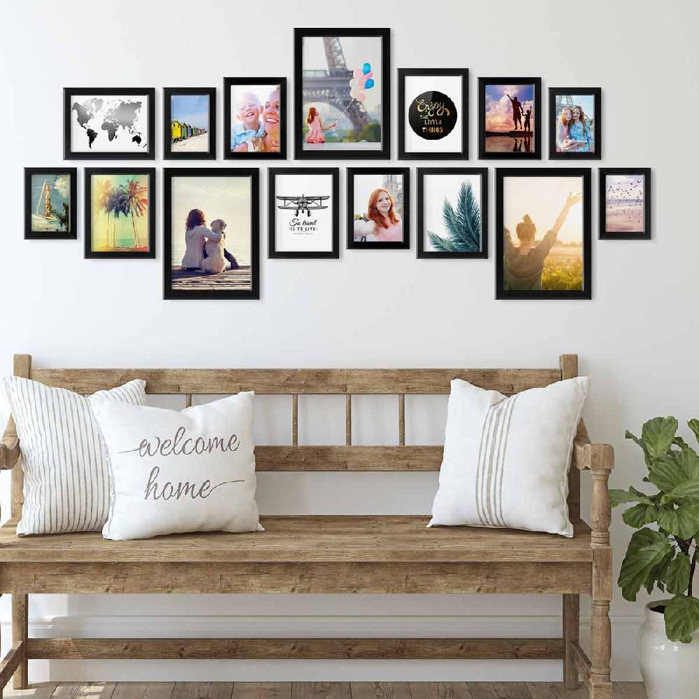 Photolini 15er Bilderrahmen-Set Schwarz breit modern MDF-Holz mit Acrylglas Neueste Stile