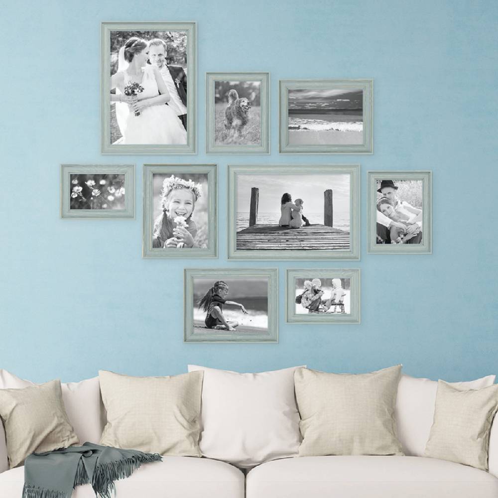 Photolini 9er Bilderrahmen-Set Skandinavisch Landhaus-Stil Taubenblau / Petrol Bis zu 50% Rabatt