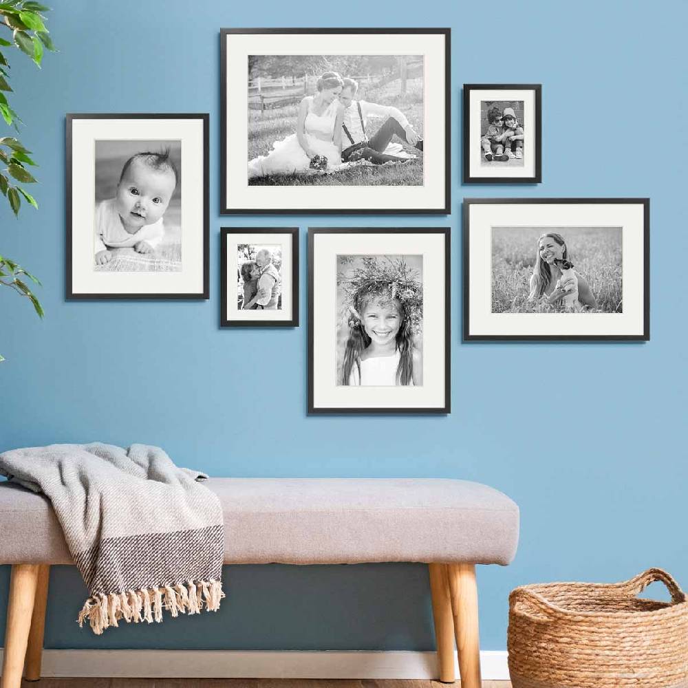 Photolini 6er Set Bilderrahmen Holz, Schwarz 15x20, 30x40 und 40x50 cm mit Passepartout