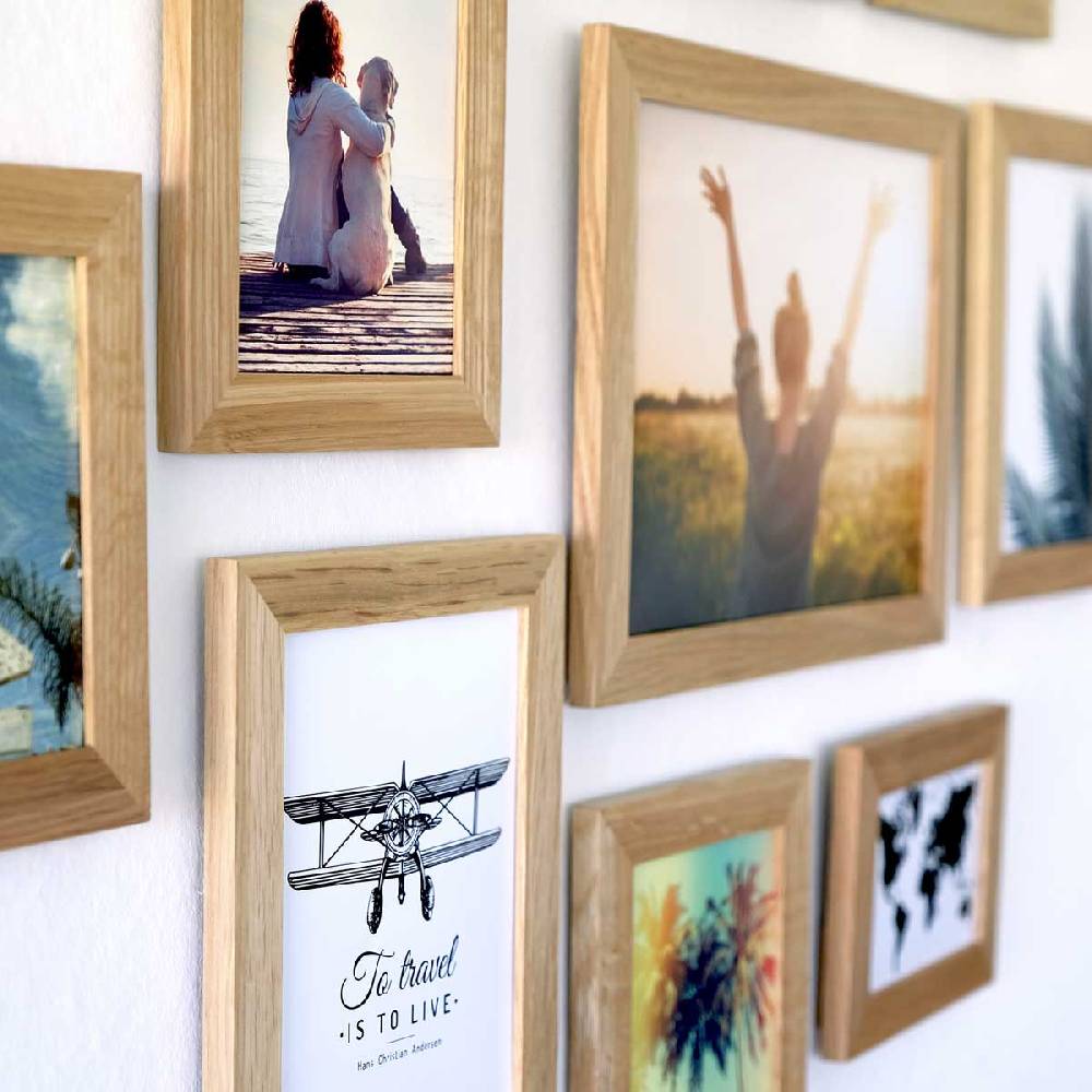Photolini 10er Bilderrahmen-Set Eiche breit modern Massivholz mit Acrylglas Super Rabatt
