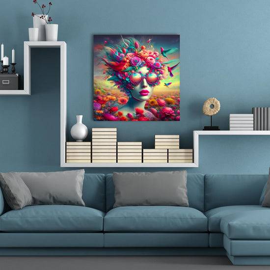 Queen Kerosin Acrylglasbild - Frauen mit ausgefallenen Brillen in einer lebendigen Welt voller Blumen und Vögel I VIP-Rabatte