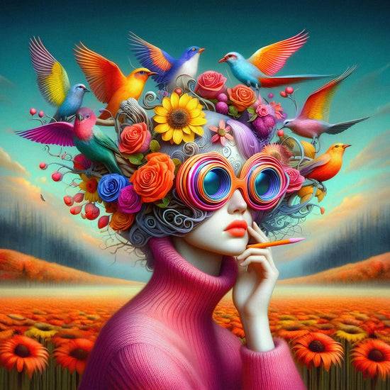 Queen Kerosin Acrylglasbild - Frauen mit ausgefallenen Brillen in einer lebendigen Welt voller Blumen und Vögel II Tiefpreis