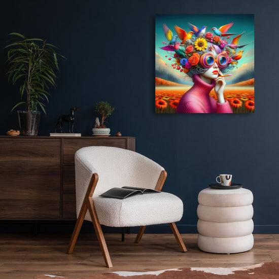 Queen Kerosin Acrylglasbild - Frauen mit ausgefallenen Brillen in einer lebendigen Welt voller Blumen und Vögel II Tiefpreis