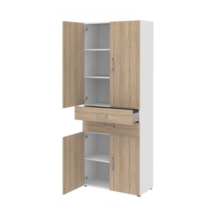 Röhr Bush Schrank in Weiß und Sonoma Eiche Nachbildung mit 4 Türen 2 Schubkästen und 6 Ordnerhöhen Super Sparpreis