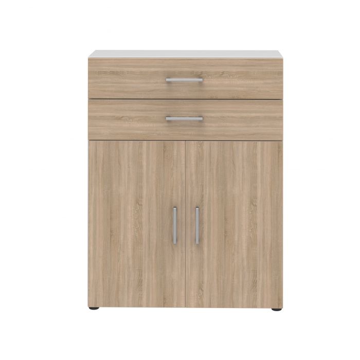 Röhr Bush Highboard in Weiß und Sonoma Eiche Nachbildung mit 2 Türen und 2 Schubkästen für 3 Ordnerhöhen Letzter Tag