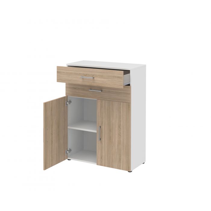 Röhr Bush Highboard in Weiß und Sonoma Eiche Nachbildung mit 2 Türen und 2 Schubkästen für 3 Ordnerhöhen Letzter Tag