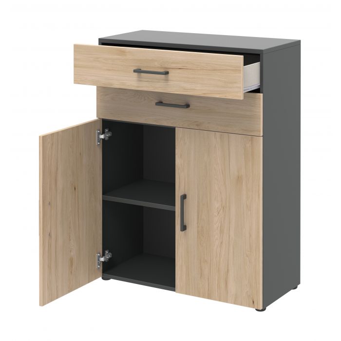 Röhr Bush Highboard in Anthrazit und Hickory Nachbildung mit 2 Türen und 2 Schubkästen für 3 Ordnerhöhen Black Friday Preise