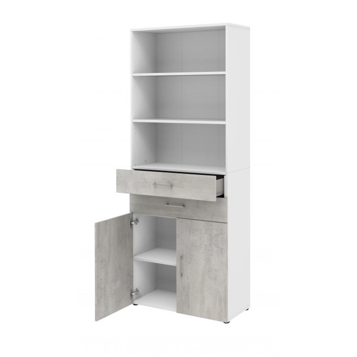 Röhr Bush Schrank in Weiß und Beton Nachbildung mit 3 Regalablagen und 2 Schubkästen Verkauf