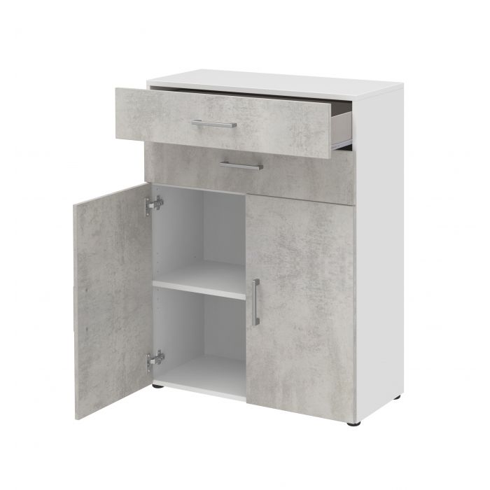 Röhr Bush Highboard in Weiß und Beton Nachbildung mit 2 Türen und 2 Schubkästen für 3 Ordnerhöhen Limitierter Zeitrabatt