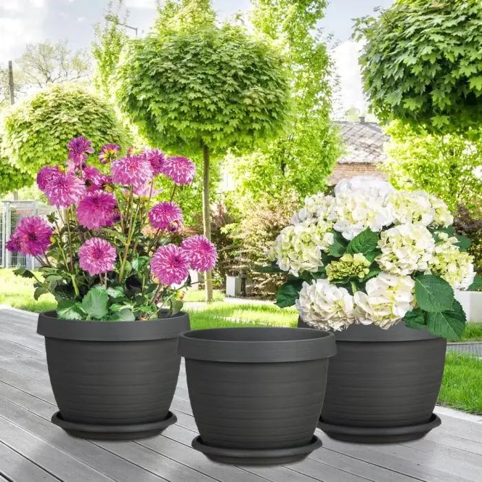 Scheurich Country Star 3er Set Blumentöpfe mit Untersetzern - Metallic Grey