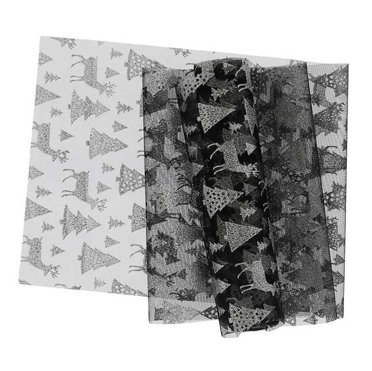 ﻿Schöner Leben Tischläufer Tischband Organza mit glitzernden Tannen und Hirschen schwarz silberfarbig 28x300m