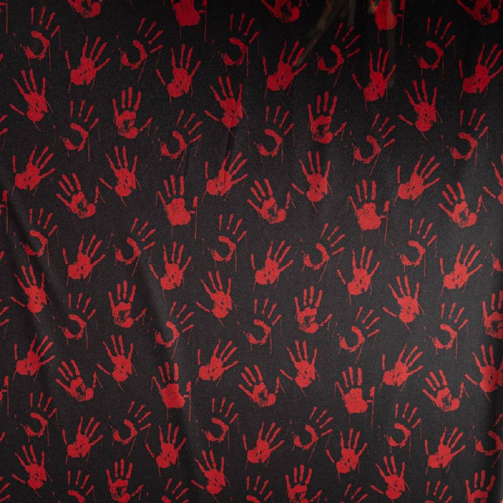 Schöner Leben Jersey Foliendruck Halloween blutige Hände glänzend schwarz rot 1,45m Breite Jubiläumsangebot