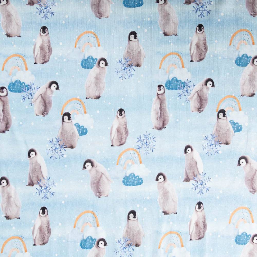 Schöner Leben Jersey Stoff Baumwolljersey Digitaldruck Pinguin Schneeflocke Wolken blau grau 1,45m Breite Bestseller