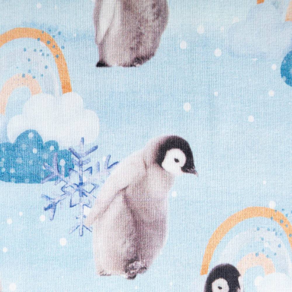 Schöner Leben Jersey Stoff Baumwolljersey Digitaldruck Pinguin Schneeflocke Wolken blau grau 1,45m Breite Bestseller