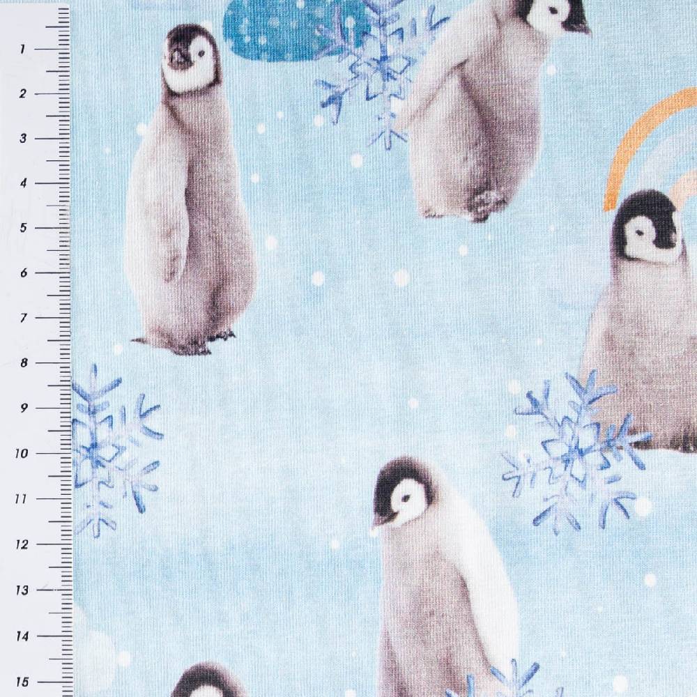 Schöner Leben Jersey Stoff Baumwolljersey Digitaldruck Pinguin Schneeflocke Wolken blau grau 1,45m Breite Bestseller