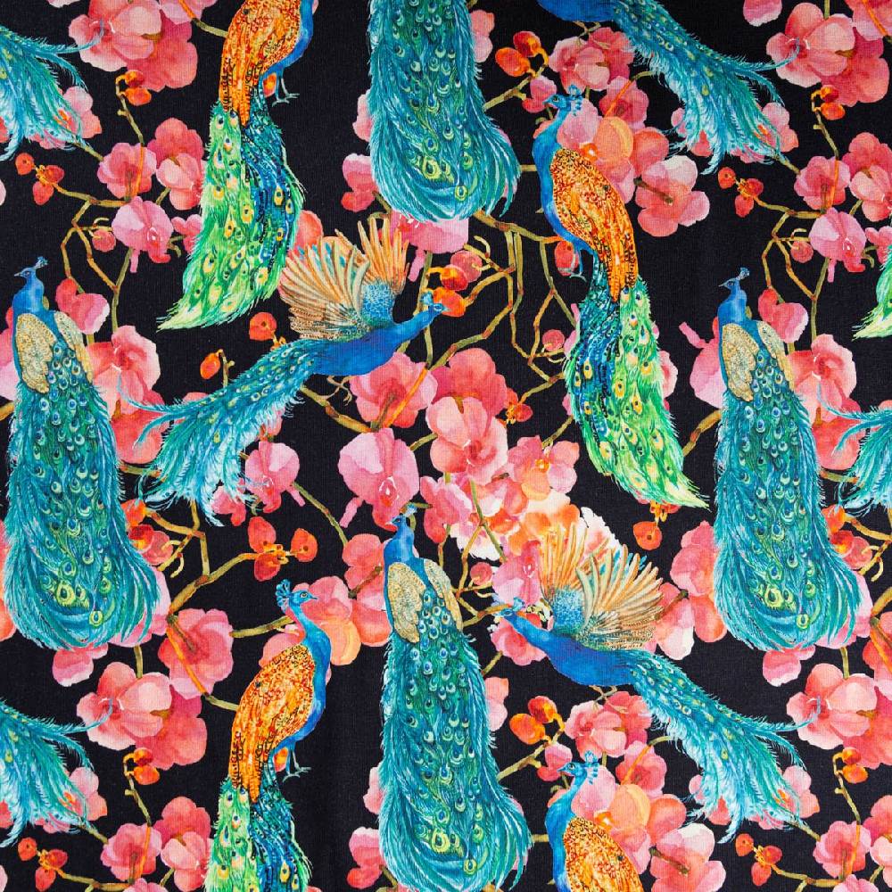 Schöner Leben Jersey Stoff Baumwolljersey Digitaldruck Pfau Blüten schwarz bunt 1,45m Breite Räumungsverkauf