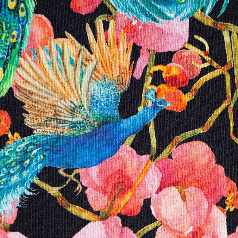 Schöner Leben Jersey Stoff Baumwolljersey Digitaldruck Pfau Blüten schwarz bunt 1,45m Breite Räumungsverkauf