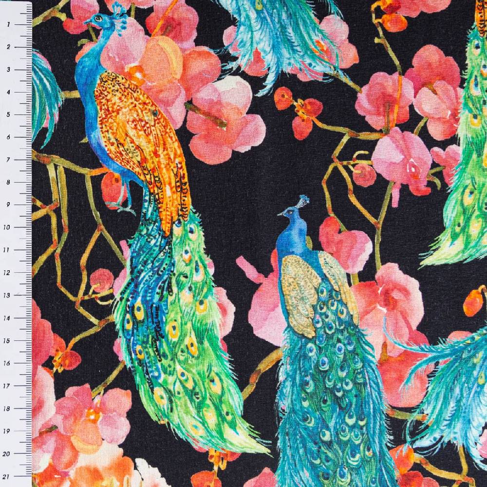 Schöner Leben Jersey Stoff Baumwolljersey Digitaldruck Pfau Blüten schwarz bunt 1,45m Breite Räumungsverkauf