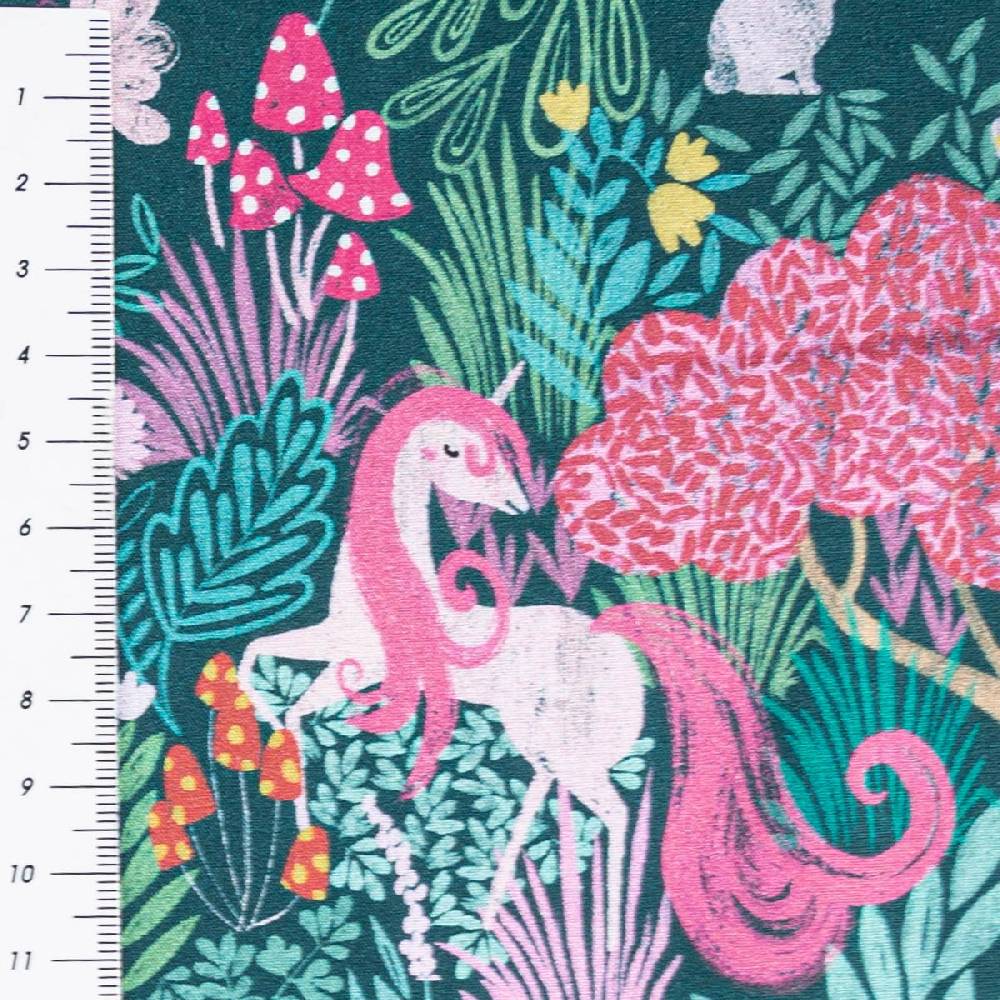 Schöner Leben Baumwollstoff Popeline Fine Poplin Digitaldruck Einhorn Wald Bäume grün bunt 1,45m Breite JETZT KAUFEN