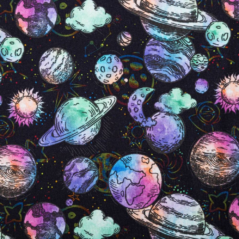 Schöner Leben French Terry Stoff Digital Planeten Sterne Aquarell dunkelblau bunt 1,5m Breite