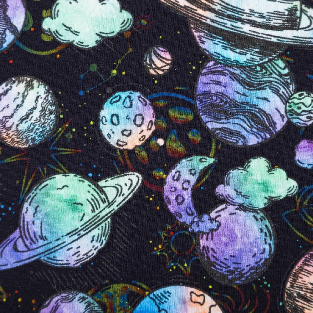 Schöner Leben French Terry Stoff Digital Planeten Sterne Aquarell dunkelblau bunt 1,5m Breite Bis zu 60% Rabatt