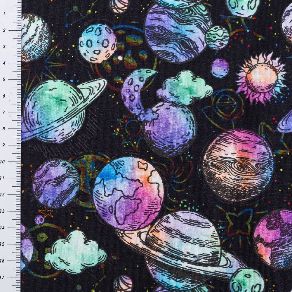 Schöner Leben French Terry Stoff Digital Planeten Sterne Aquarell dunkelblau bunt 1,5m Breite Bis zu 60% Rabatt