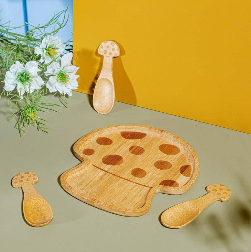 Schöner Leben Sass & Belle Bambus Kinder Geschirrset Pilz mit Teller und 3 Löffeln
