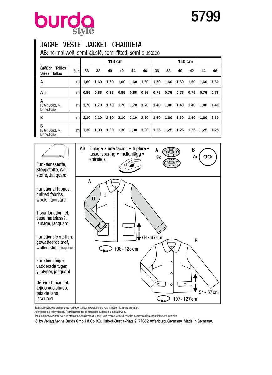 Schöner Leben Burda Schnittmuster 5799 Damen Jacke Tägliche Deals