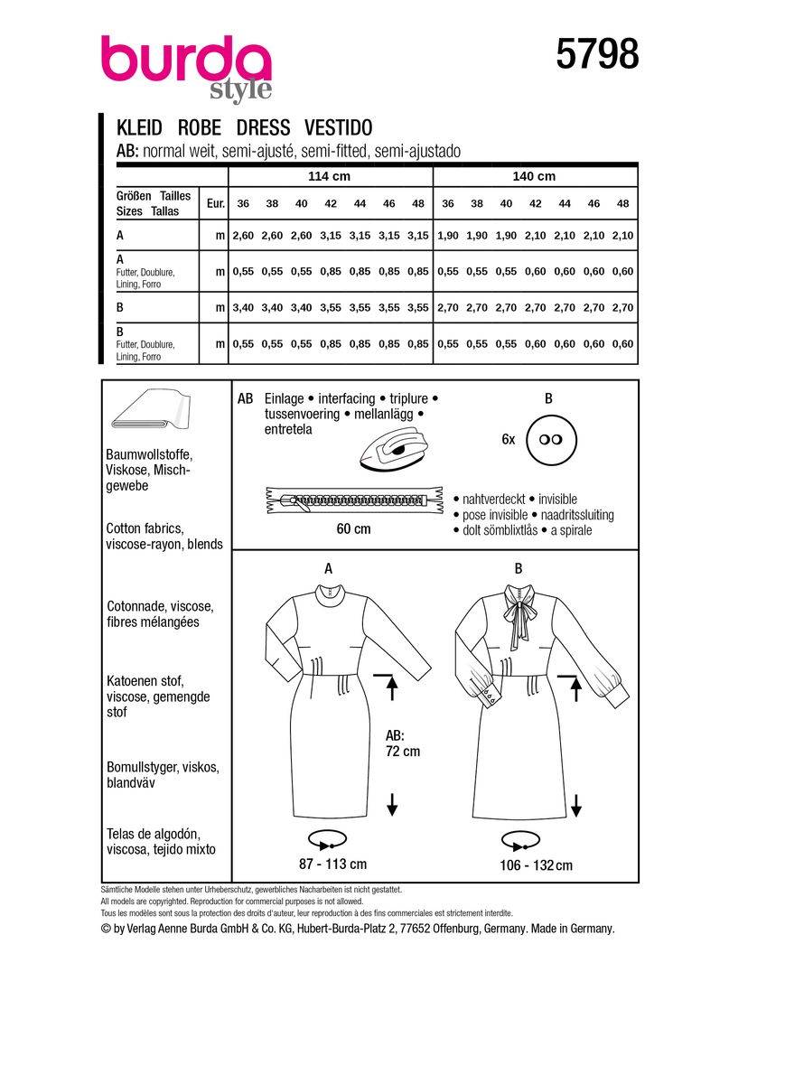 Schöner Leben Burda Schnittmuster 5798 Damen Kleid Sonderangebote