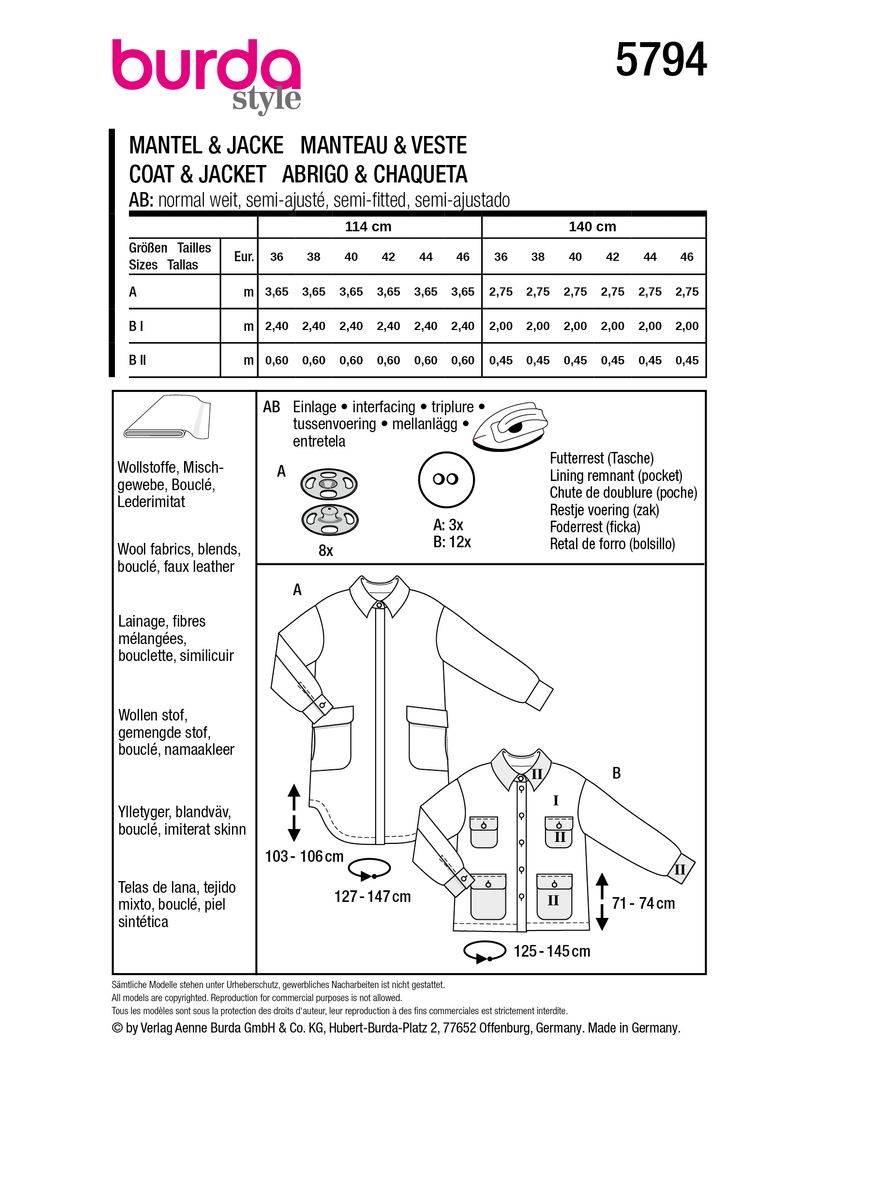 Schöner Leben Burda Schnittmuster 5794 Damen Mantel & Jacke Super Sparpreis