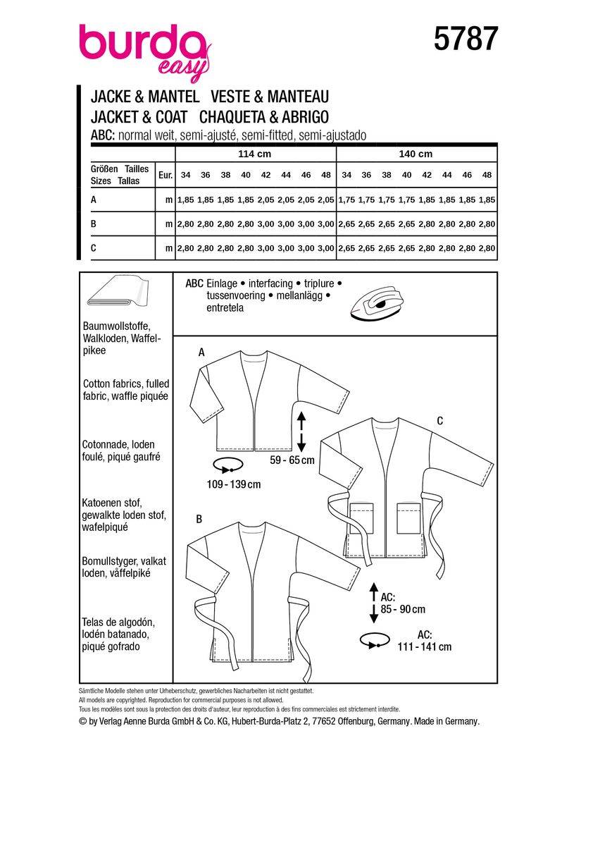 Schöner Leben Burda Schnittmuster 5787 Damen Jacke & Mantel Letzte 2 Tage