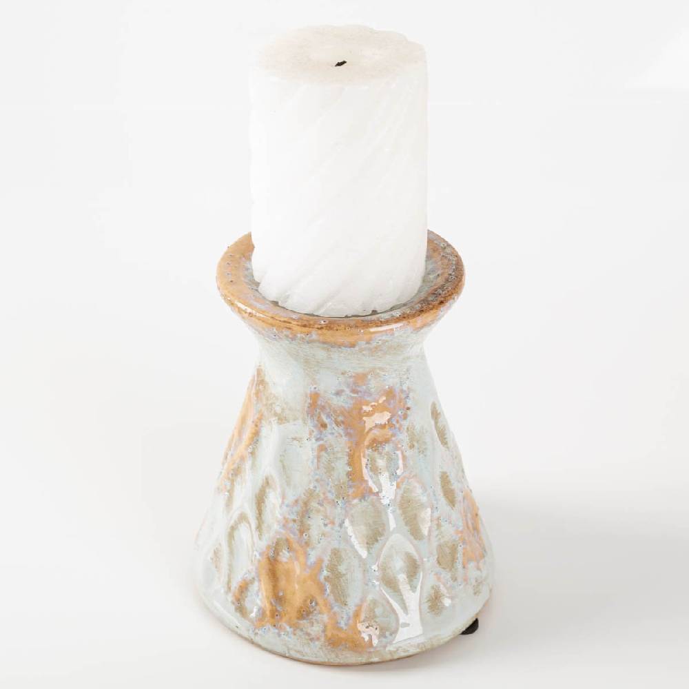 Schöner Leben Kerzenständer Keramik mit Reliefstruktur grau beige 14x16cm von Clayre & Eef Limitierter Zeitrabatt