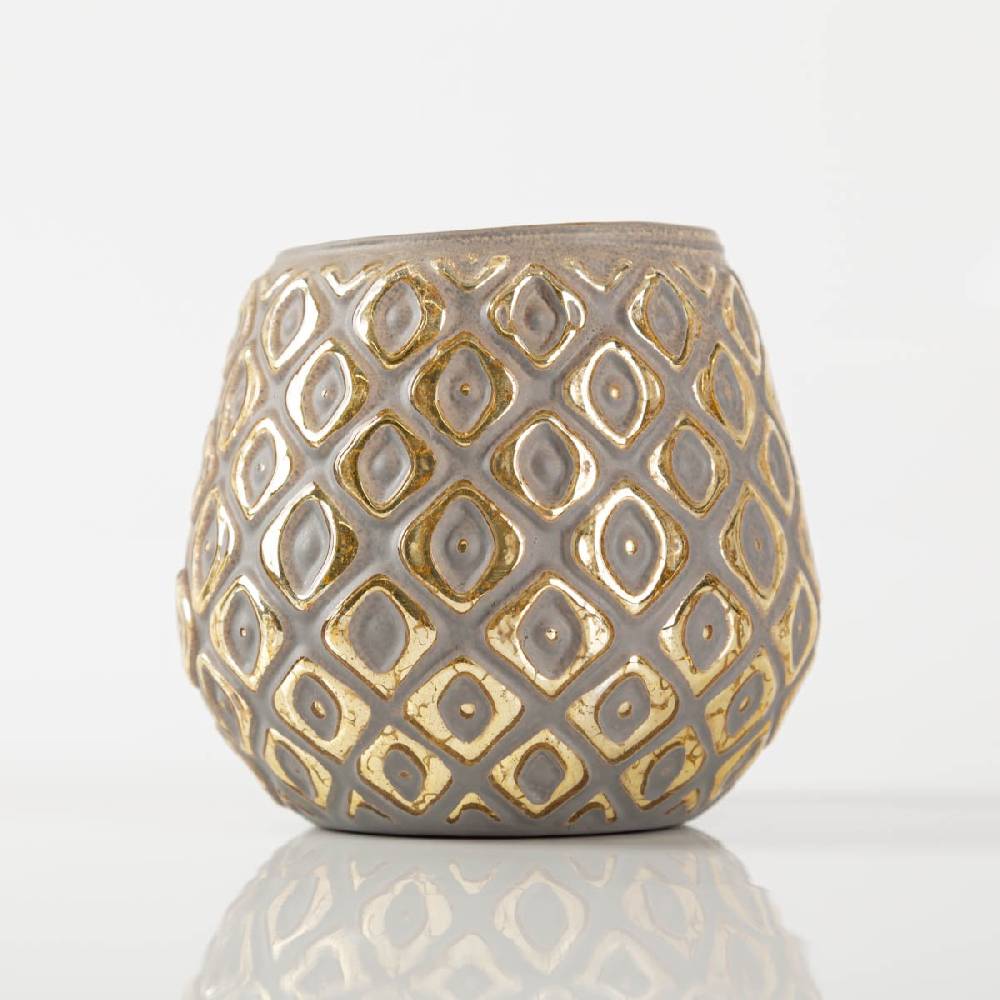 Schöner Leben Teelichthalter aus Glas mit Reliefstruktur grau gold 11x10cm von Clayre & Eef Fabrik Onlineshop