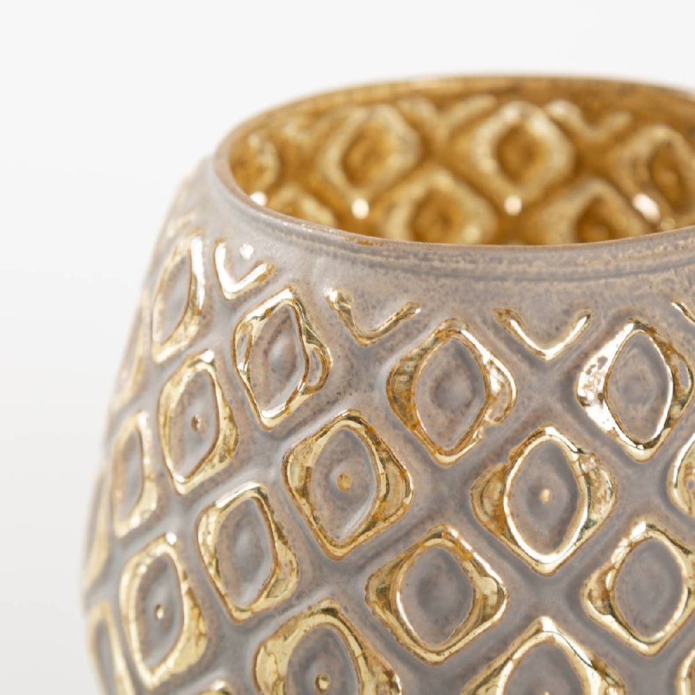 Schöner Leben Teelichthalter aus Glas mit Reliefstruktur grau gold 11x10cm von Clayre & Eef Fabrik Onlineshop