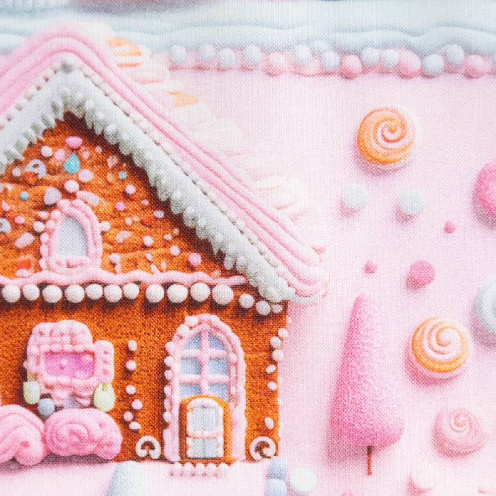 Schöner Leben Baumwollstoff Popeline Digitaldruck Weihnachtsstoff Gretel Lebkuchenhaus rosa 1,47m Breite Nur für heute