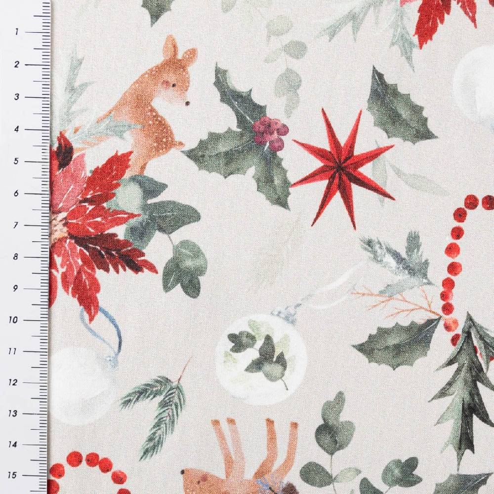 Schöner Leben Baumwollstoff Popeline Weihnachtsstoff Digitaldruck Norten Rehkitz beige rot 1,47m Breite Vierteljährliche Förderung