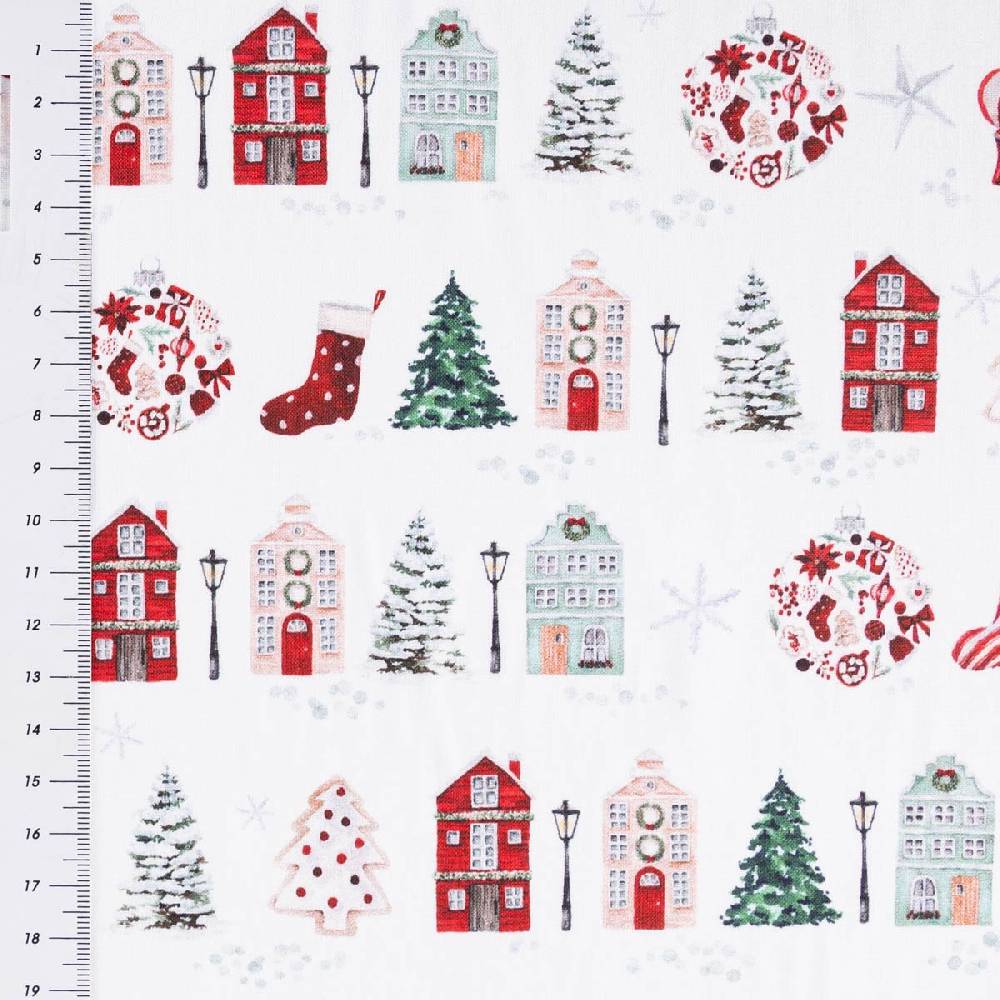 Schöner Leben Baumwollstoff Popeline Digitaldruck Anvers Weihnachtshäuser weiß rot 1,47m Breite Discount Store für neue Produkte