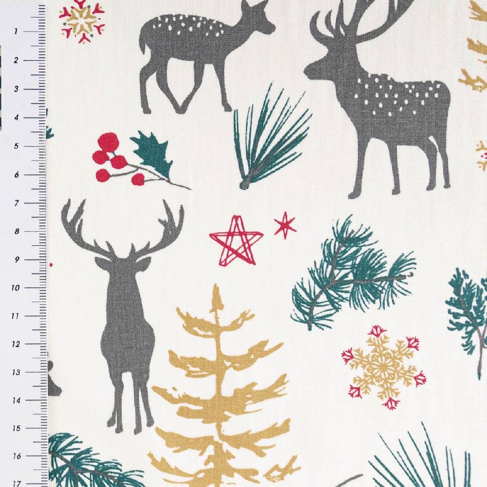 Schöner Leben Baumwollstoff Weihnachtsstoff Aggrim Hirsche Tannen ecru grün rot 1,47m Breite 50% Rabatt mit kostenlosem Versand