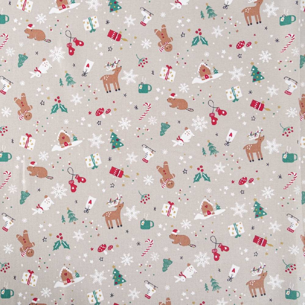 Schöner Leben Baumwollstoff Weihnachtsstoff Laponie mit Weihnachtsmotiven beige rot grün 1,47m Breite Kostenloser Versand international