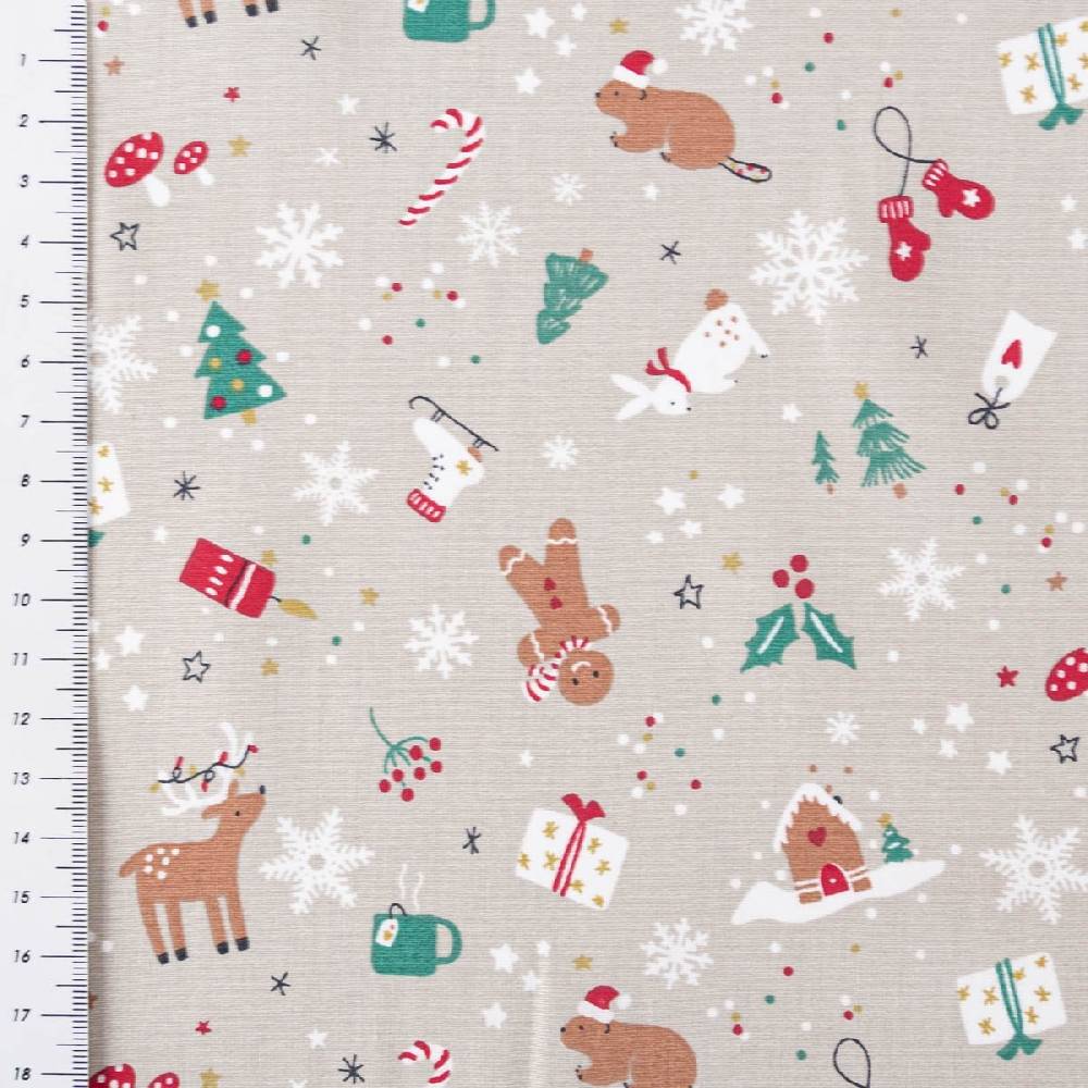 Schöner Leben Baumwollstoff Weihnachtsstoff Laponie mit Weihnachtsmotiven beige rot grün 1,47m Breite Kostenloser Versand international